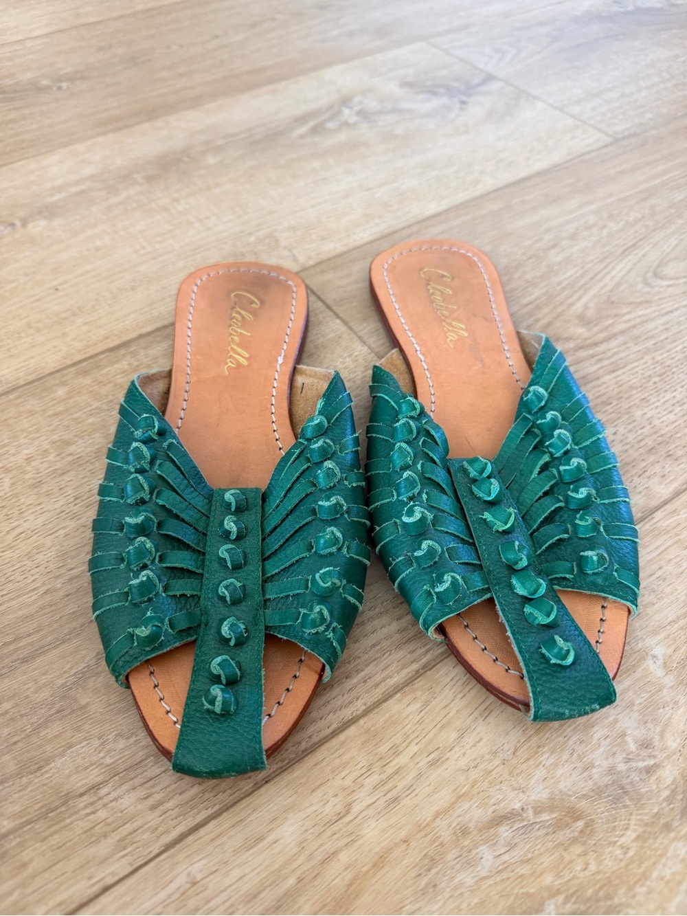 Cleobella Teal Green Suede Fringe Slide Sandals